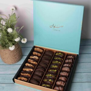 Elegant Gift Box Medium (36 pcs) of premium stuffed & chocolate dates. Elegant Gift Box Medium (36 pcs) of premium stuffed & chocolate dates.